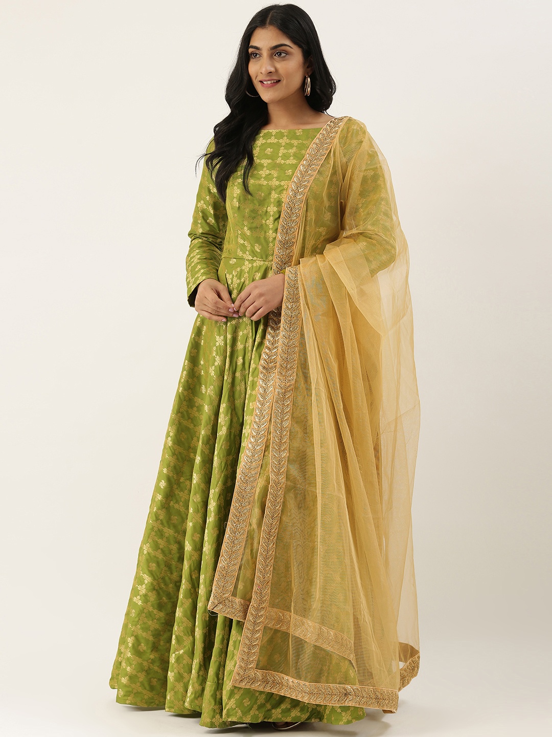 

Ethnovog Women Green Beige Woven Design Made To Measure Kurta with Churidar Dupatta