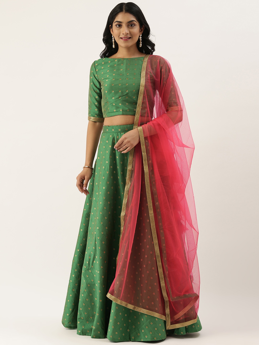 

Ethnovog Green Red Woven Design Made to Measure Lehenga Blouse with Dupatta