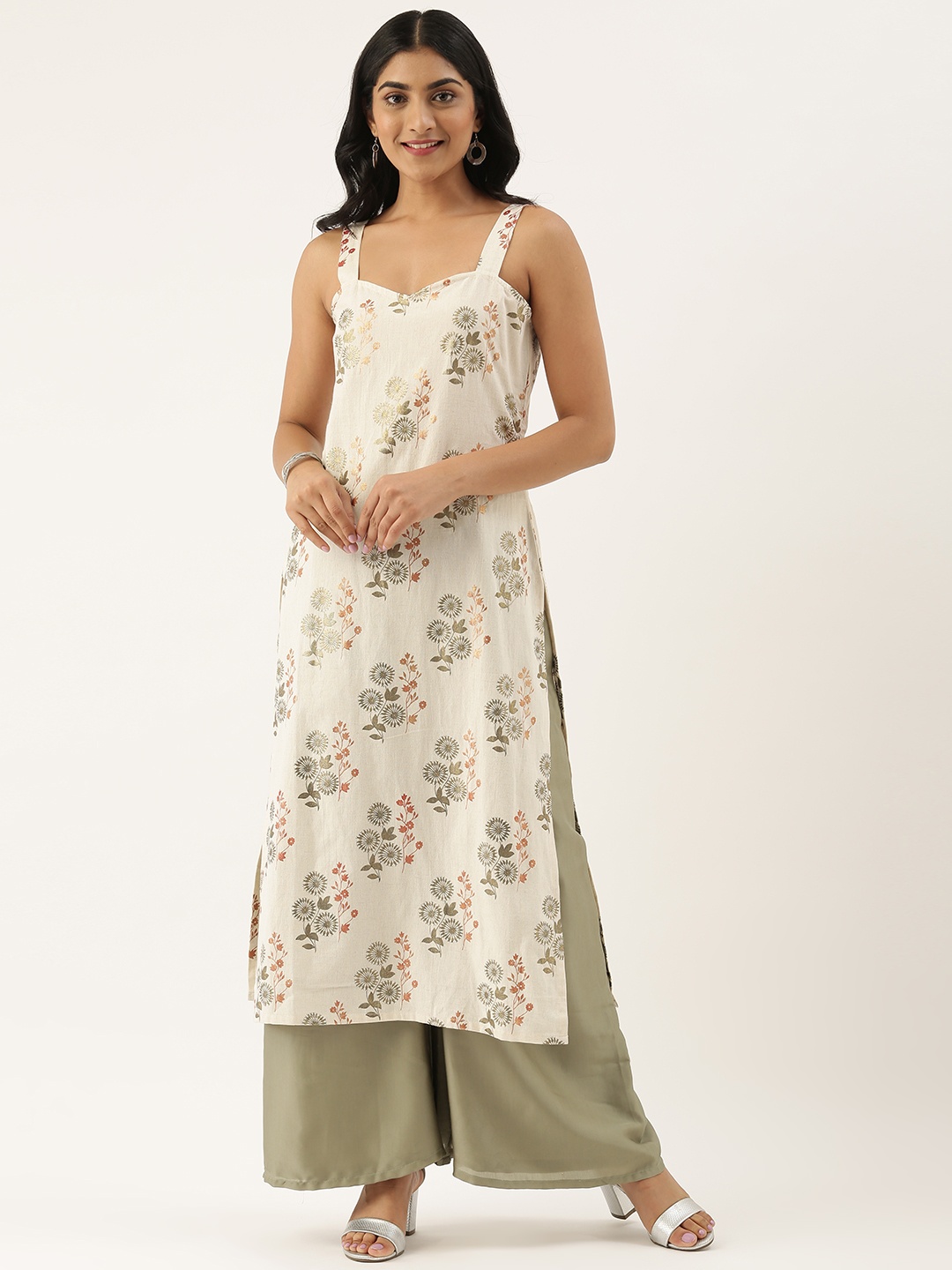 

Ethnovog Women Cream-Coloured Green Printed Made To Measure Kurta with Palazzos