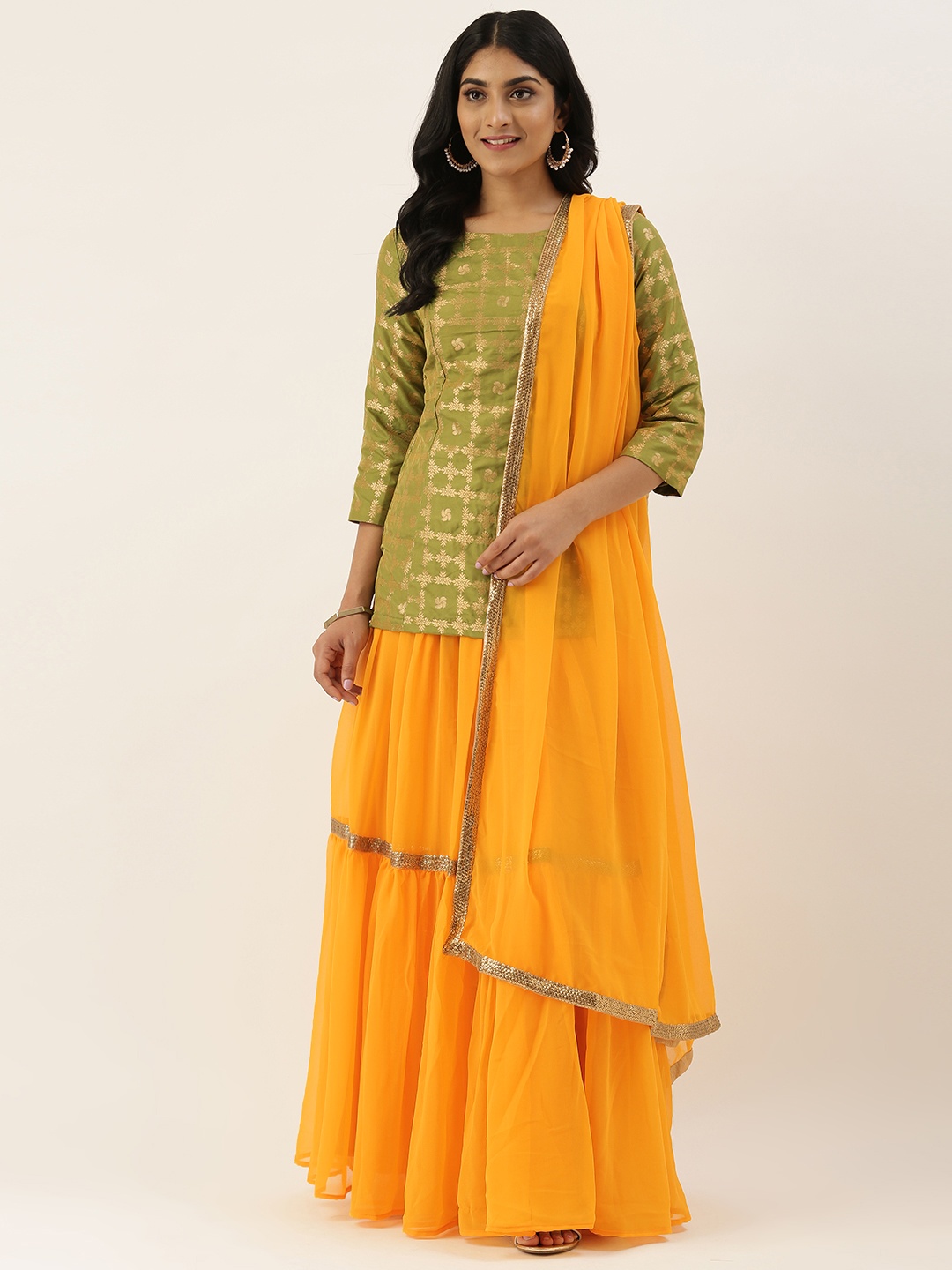 

Ethnovog Green Yellow Woven Design Made to Measure Lehenga Blouse with Dupatta