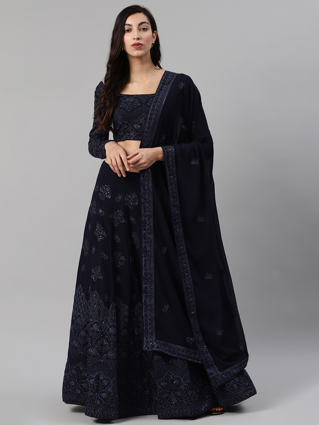 

SHUBHKALA Navy Blue Embroidered Semi-Stitched Lehenga & Blouse with Dupatta