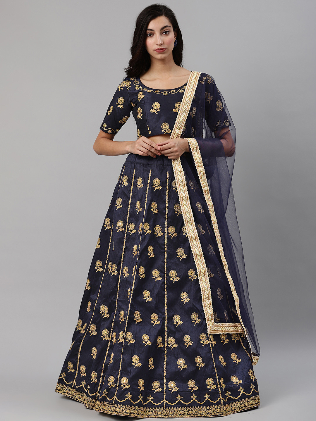 

SHUBHKALA Navy Blue Mirror Work Semi-Stitched Lehenga & Unstitched Blouse with Dupatta