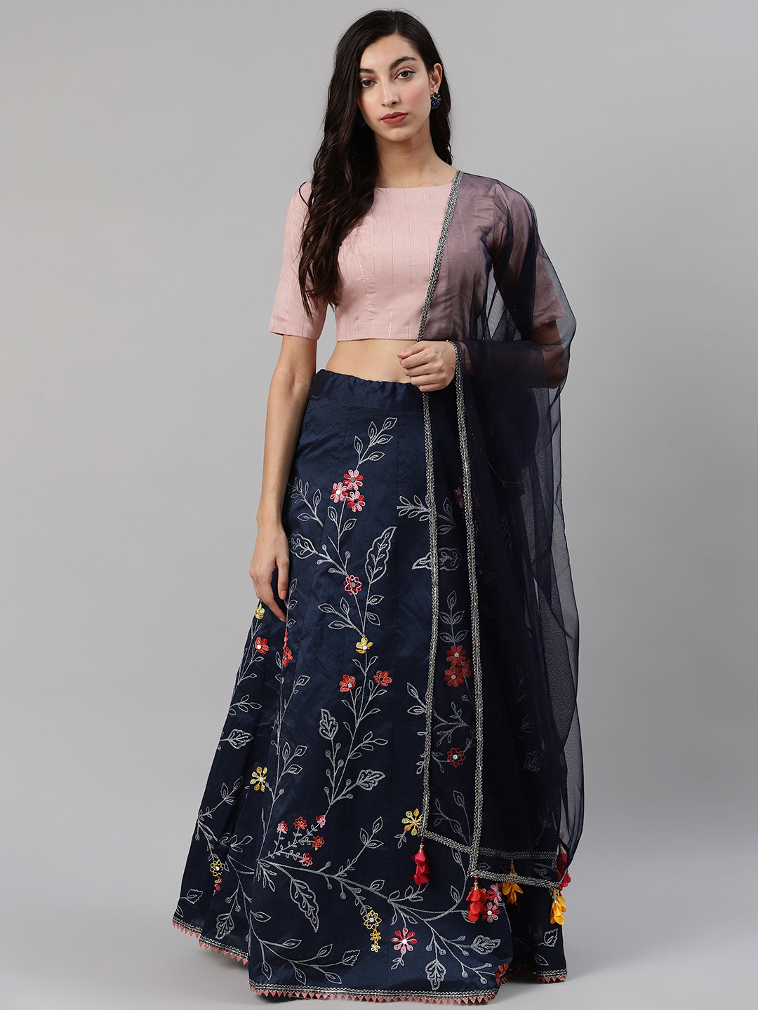 

SHUBHKALA Navy Blue & Pink Embroidered Semi-Stitched Lehenga Choli with Dupatta