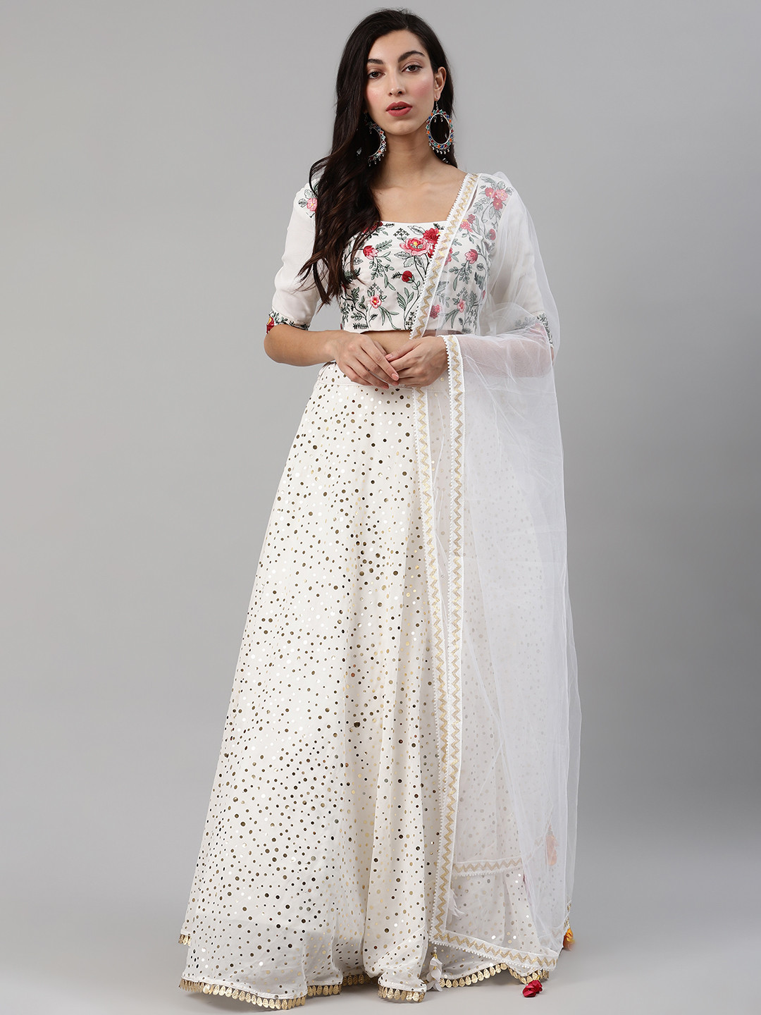 

SHUBHKALA White Mukaish-Work Semi-Stitched Lehenga & Unstitched Blouse with Dupatta