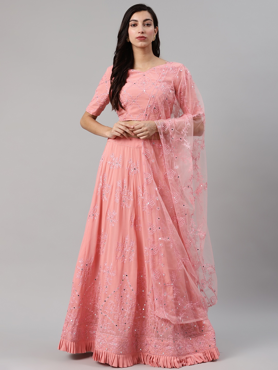 

SHUBHKALA Pink Embroidered Semi-Stitched Lehenga & Blouse with Dupatta