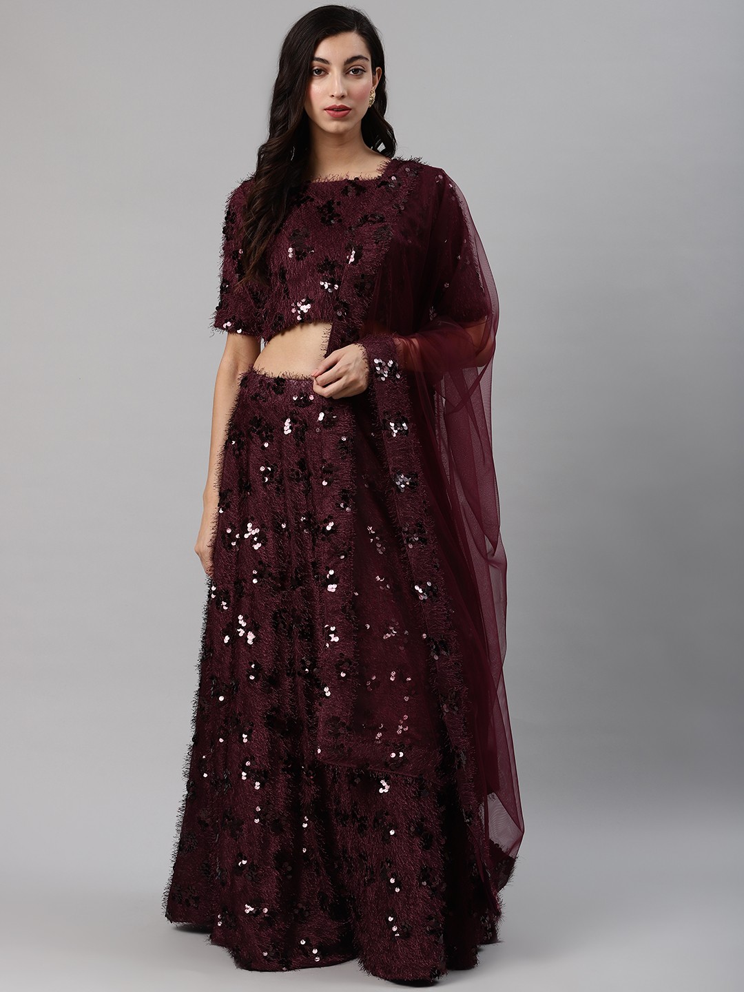 

SHUBHKALA Burgundy Sequinned Semi-Stitched Lehenga & Blouse with Dupatta