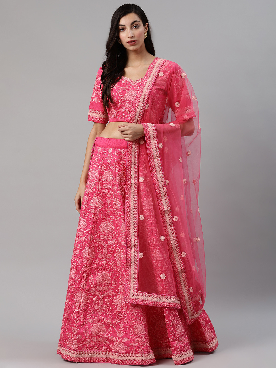 

SHUBHKALA Pink Emboridered Semi-Stitched Lehenga & Unstitched Blouse with Dupatta