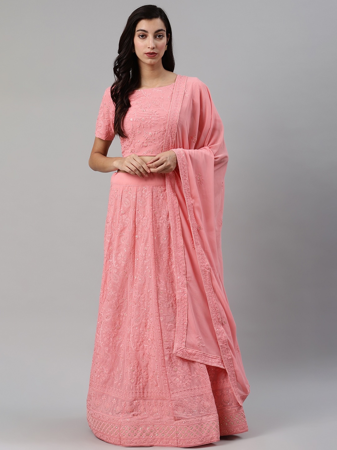 

SHUBHKALA Pink Embroidered Semi-Stitched Lehenga & Blouse with Dupatta