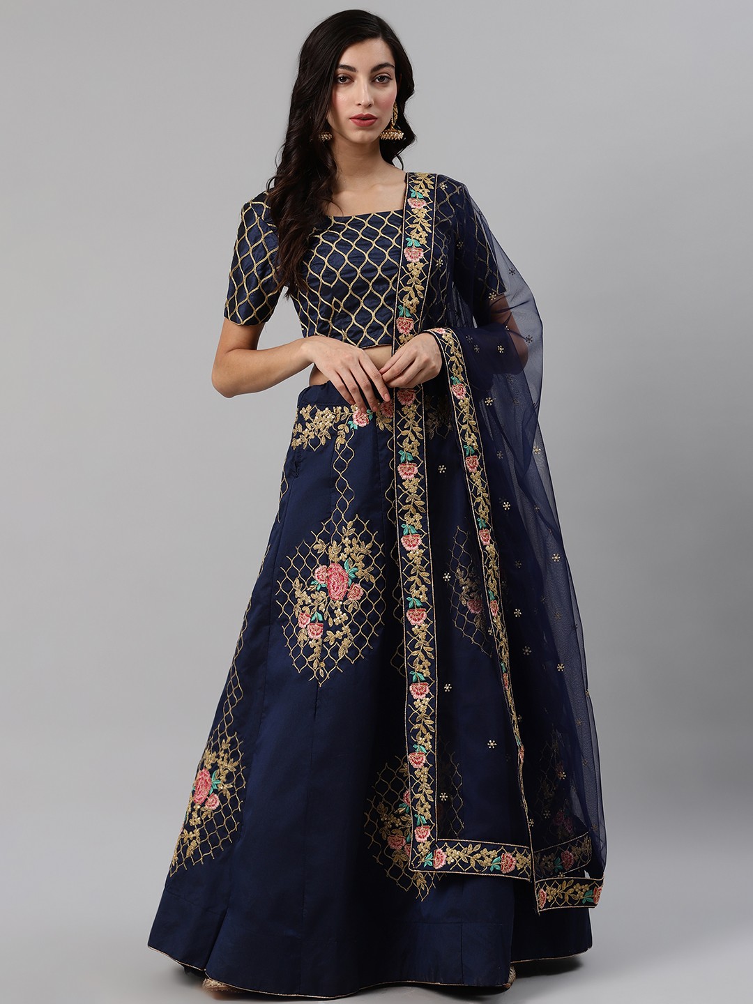 

SHUBHKALA Navy Blue Embroidered Semi-Stitched Lehenga & Unstitched Blouse with Dupatta