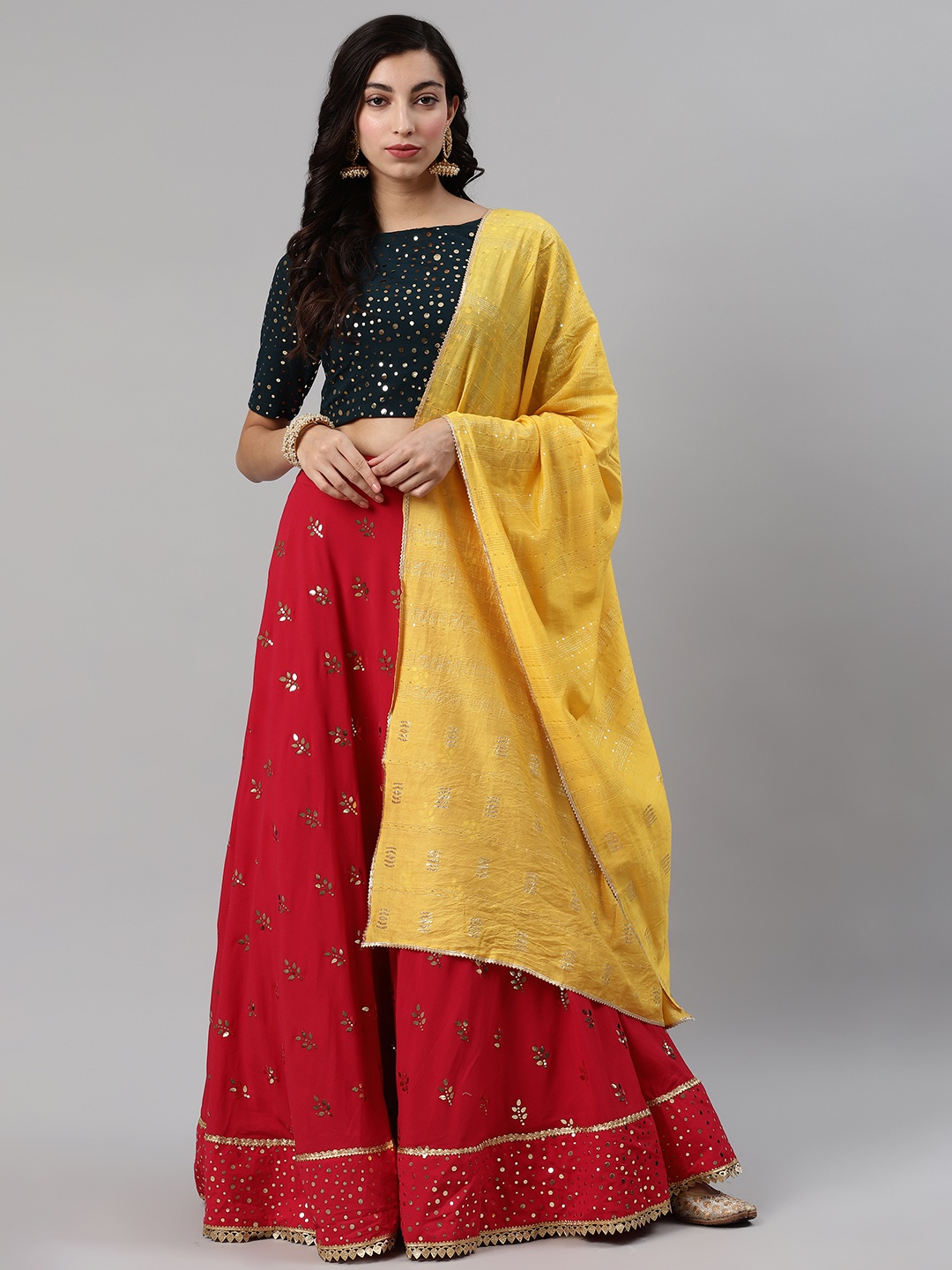 

SHUBHKALA Red & Navy Embellished Semi-Stitched Lehenga & Unstitched Blouse with Dupatta