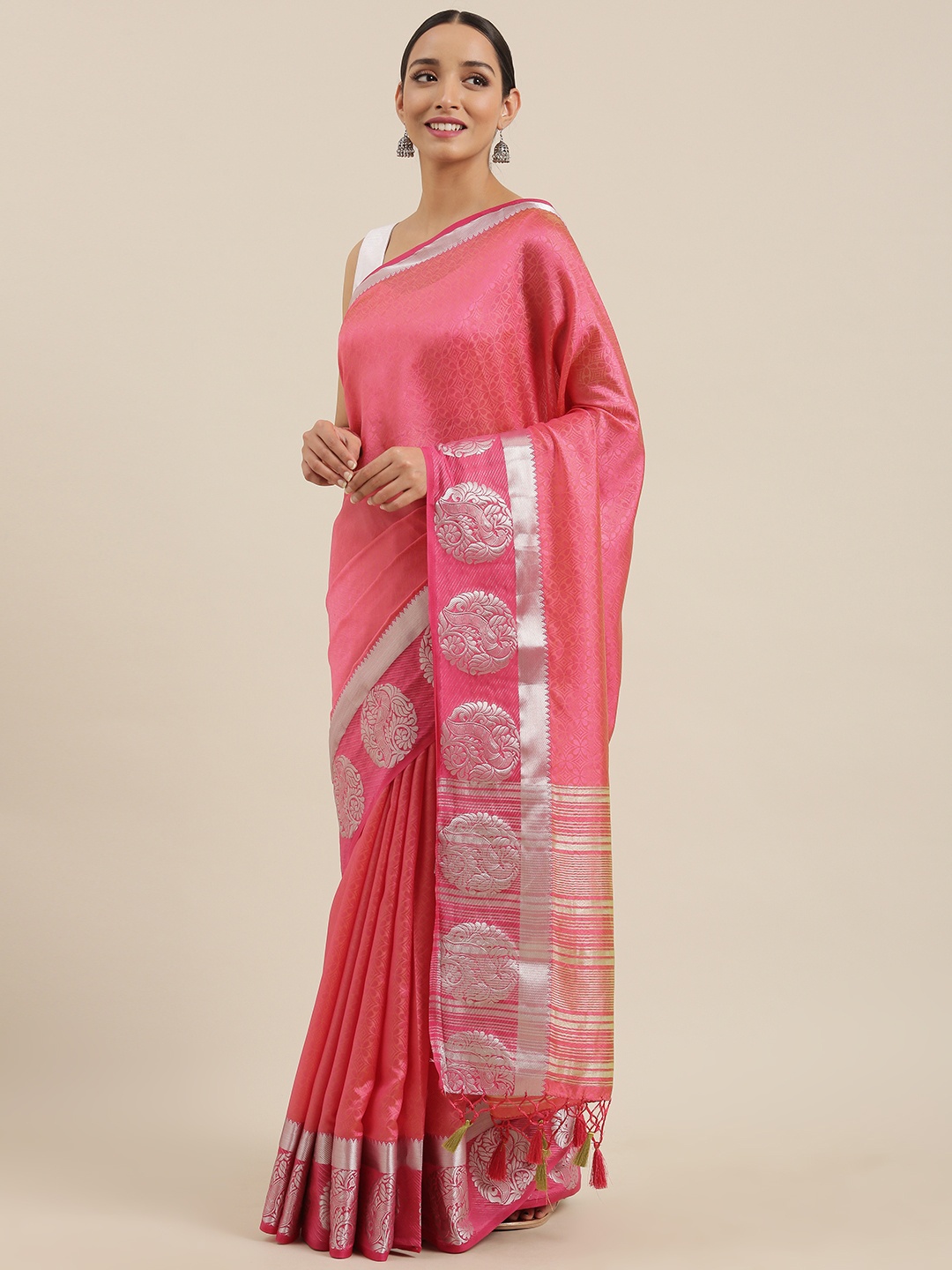 

MIMOSA Pink & Silver-Toned Art Silk Woven Design Kanjeevaram Saree