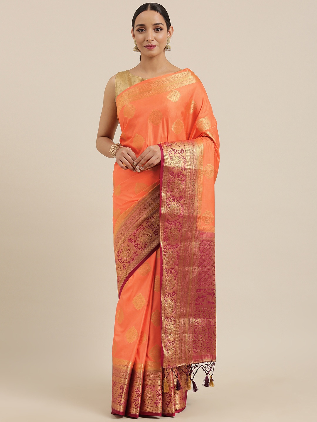 

MIMOSA Orange & Gold-Toned Woven Design Kanjeevaram Saree