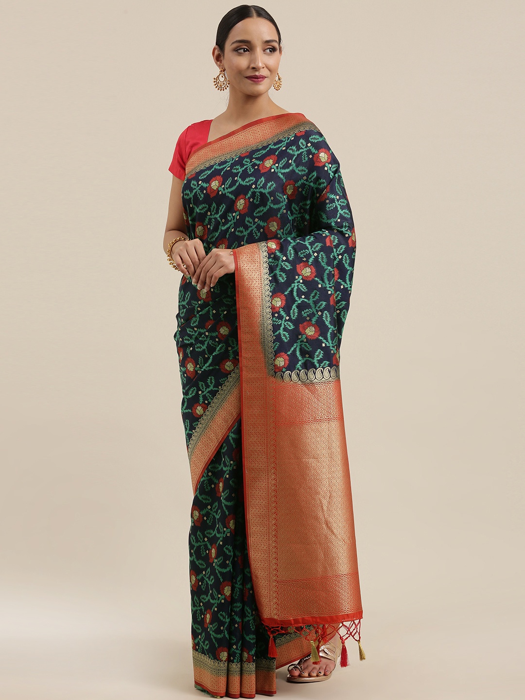 

MIMOSA Navy Blue & Red Art Silk Woven Design Kanjeevaram Saree