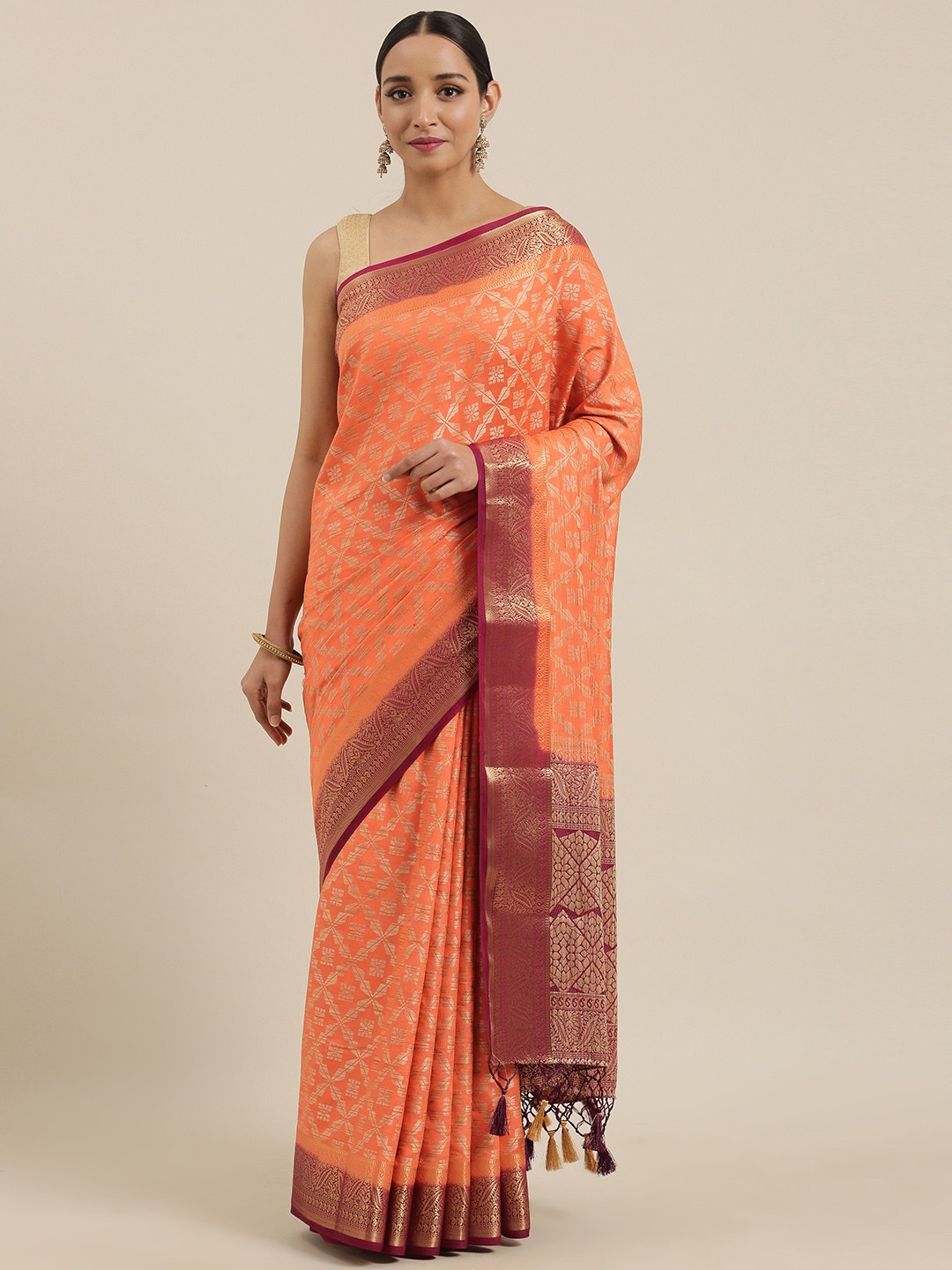 

MIMOSA Orange & Maroon Art Silk Woven Design Kanjeevaram Saree