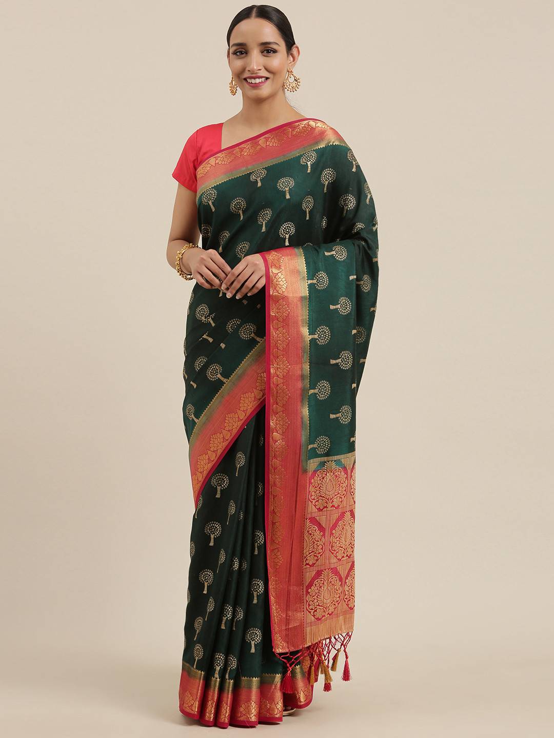 

MIMOSA Green & Gold-Toned Art Silk Woven Design Kanjeevaram Saree