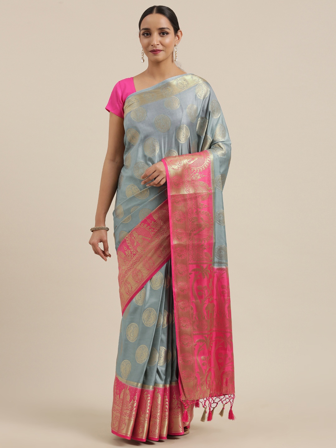 

MIMOSA Grey & Gold-Toned Woven Design Kanjeevaram Saree