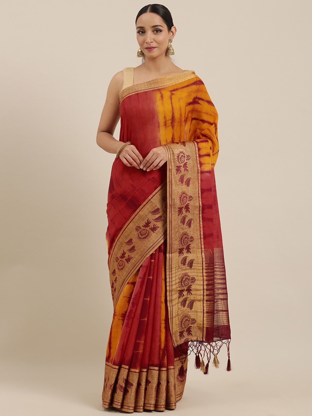 

MIMOSA Mustard Yellow & Red Linen Blend Dyed Banarasi Saree