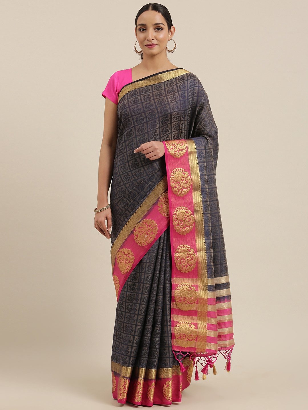 

MIMOSA Navy Blue & Pink Art Silk Woven Design Kanjeevaram Saree