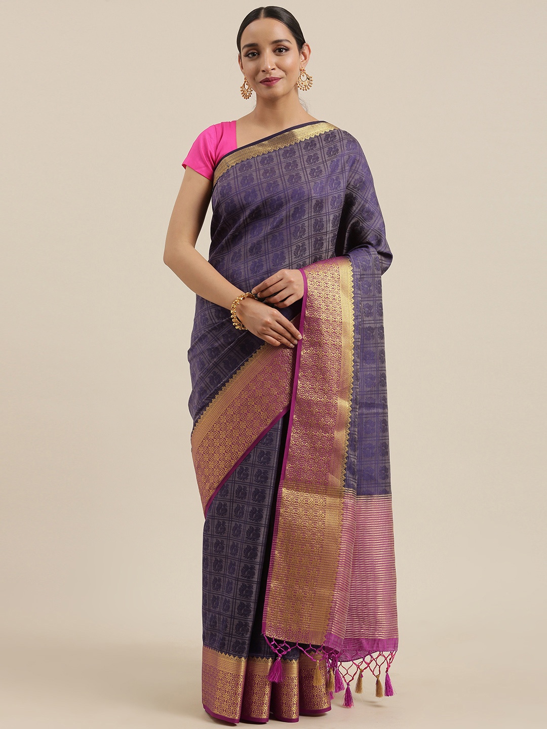 

MIMOSA Navy Blue Art Silk Woven Design Kanjeevaram Saree