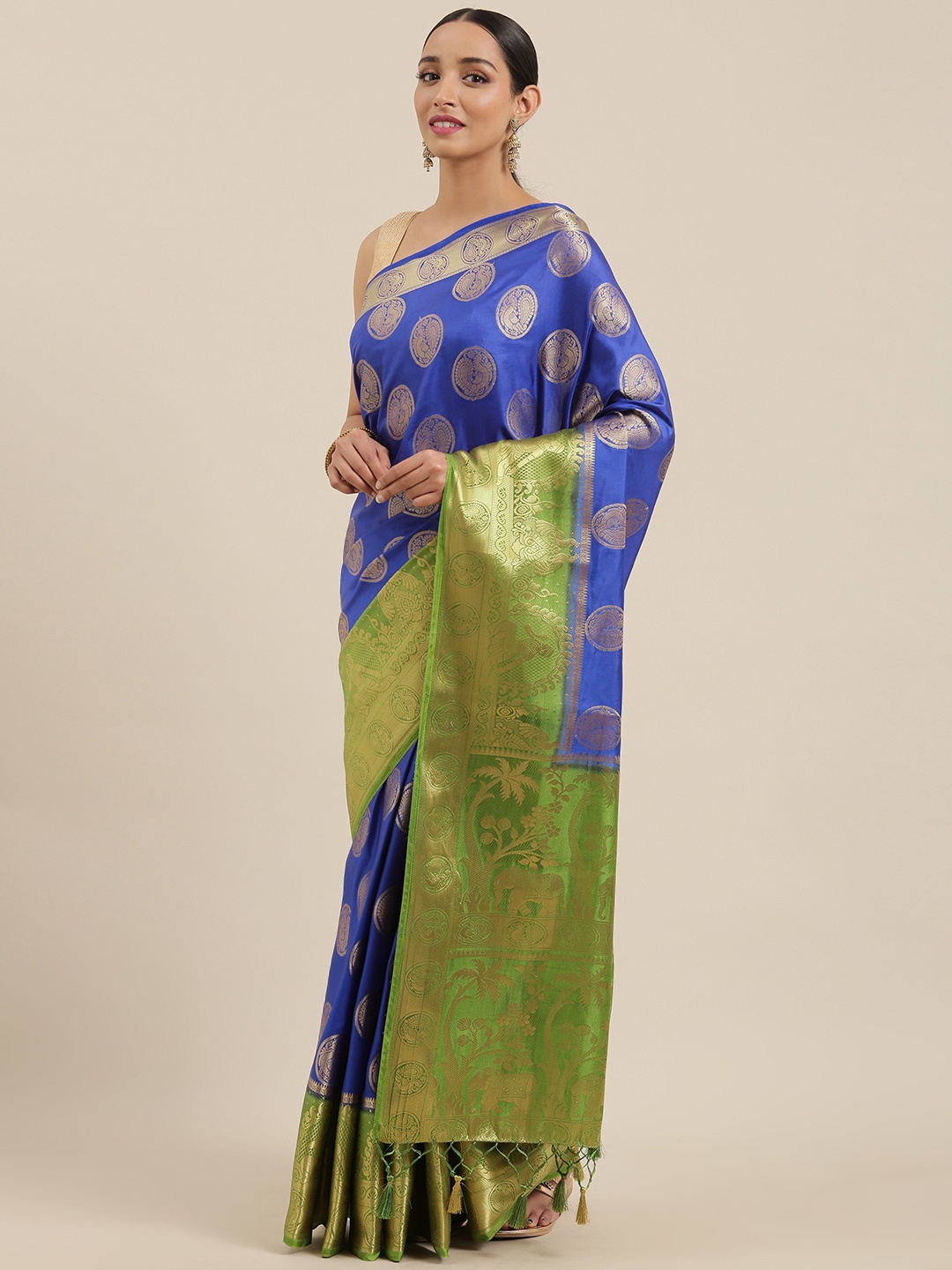 

MIMOSA Blue & Golden Art Silk Woven Design Kanjeevaram Saree