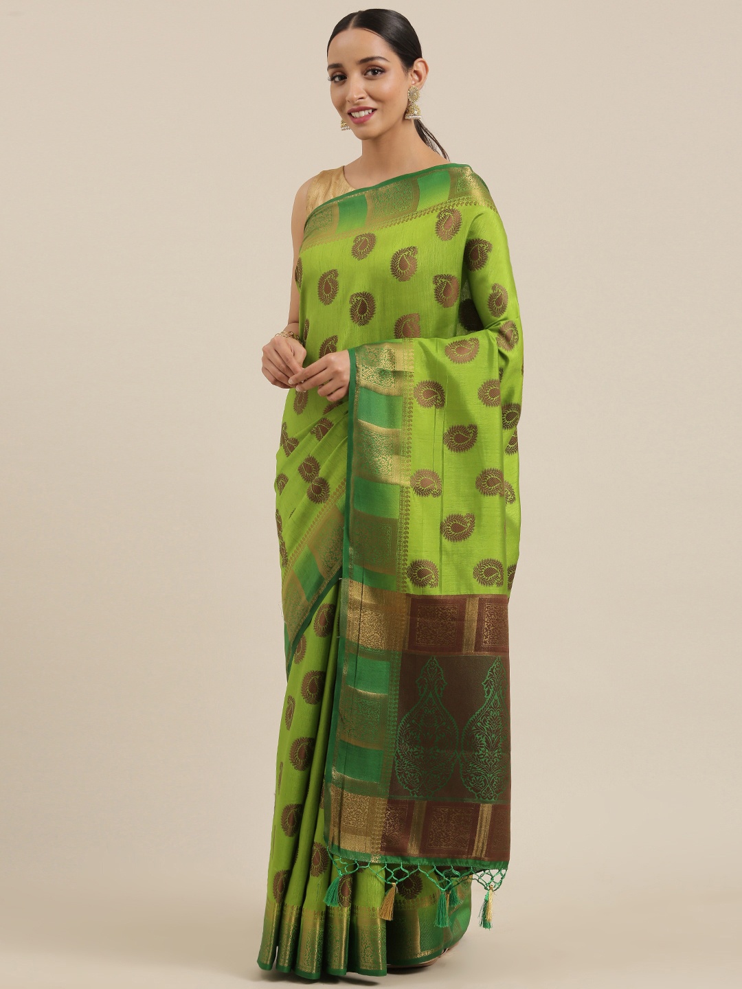 

MIMOSA Lime Green & Bronze-Toned Art Silk Woven Design Kanjeevaram Saree