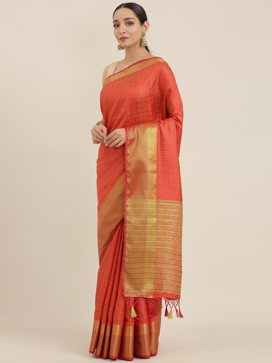 

MIMOSA Red Checked Kanjeevaram Saree