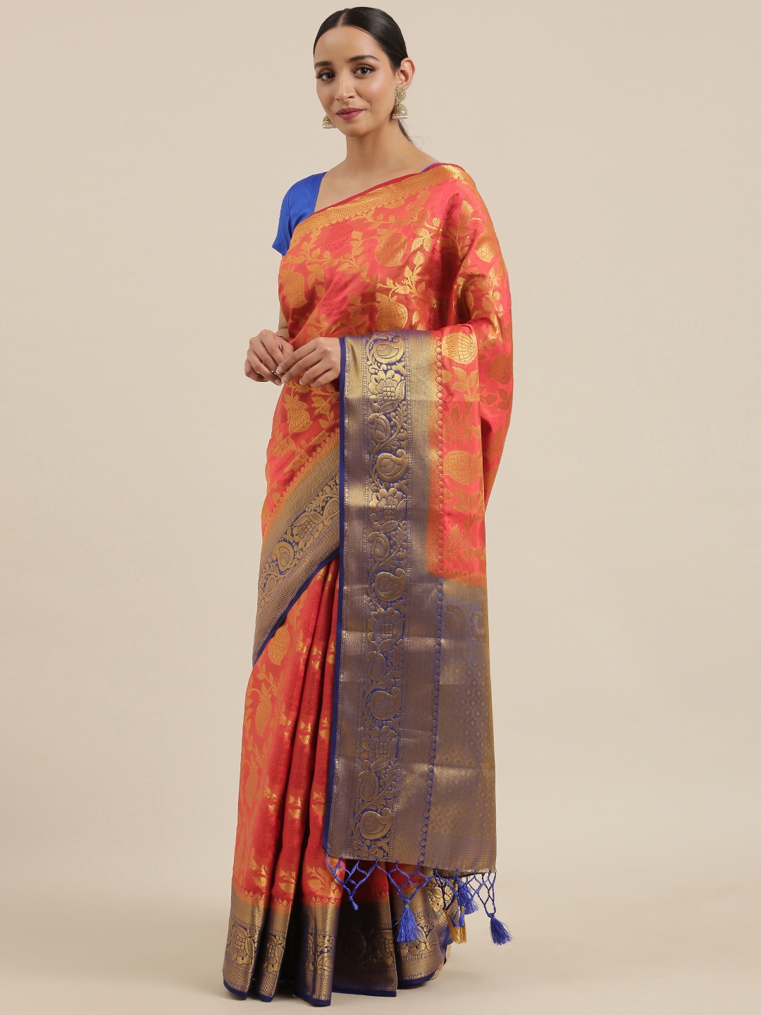 

MIMOSA Rust Red & Gold-Toned Art Silk Woven Design Kanjeevaram Saree