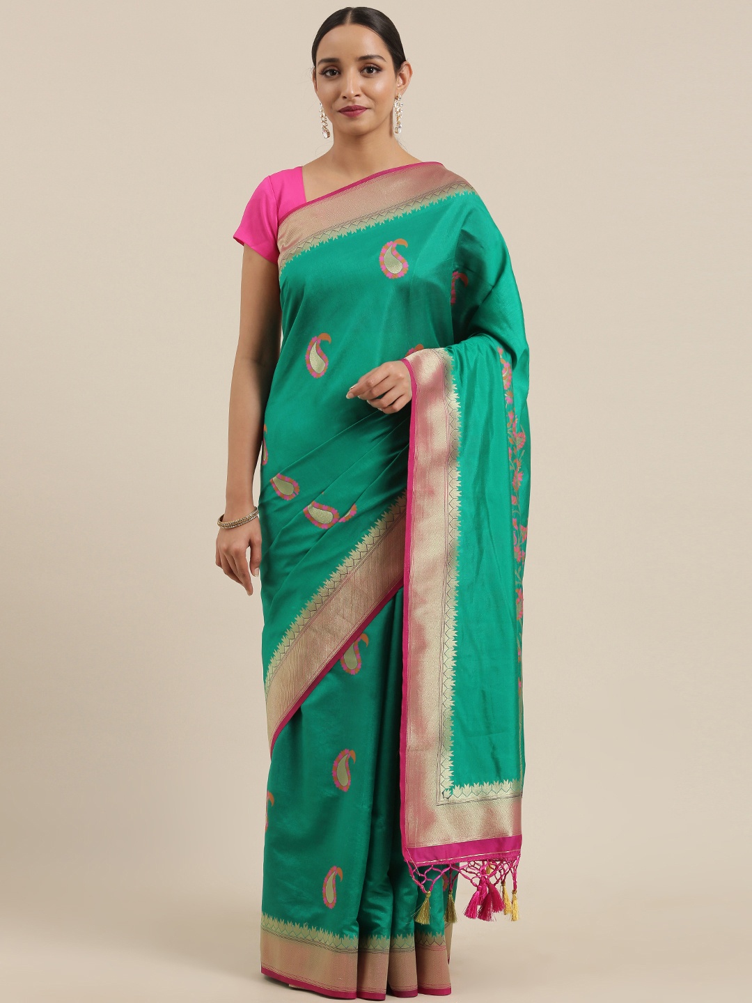 

MIMOSA Teal Green & Red Art Silk Woven Design Kanjeevaram Saree