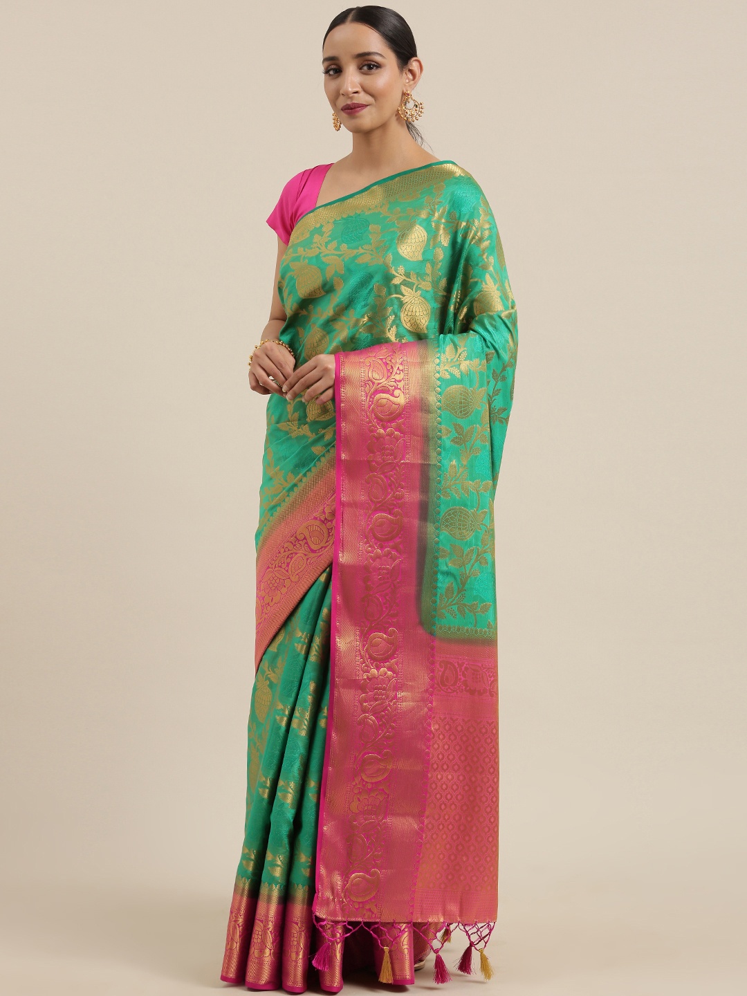 

MIMOSA Green & Gold-Toned Art Silk Woven Design Kanjeevaram Saree