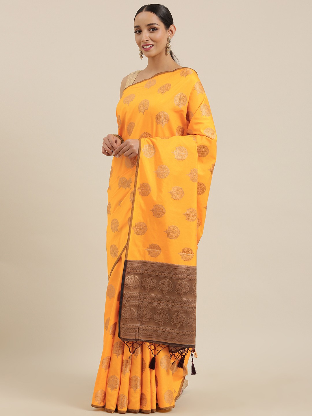 

MIMOSA Mustard Yellow & Golden Art Silk Woven Design Kanjeevaram Saree