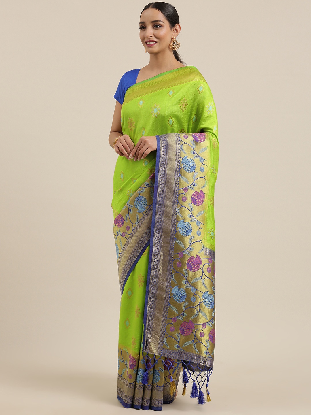 

MIMOSA Lime Green & Gold-Toned Art Silk Woven Design Mysore Silk Saree