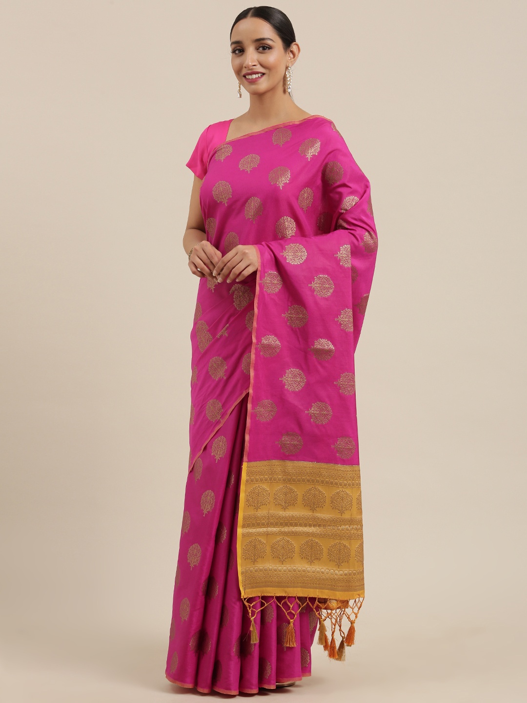 

MIMOSA Pink & Gold-Coloured Woven Design Kanjeevaram Saree