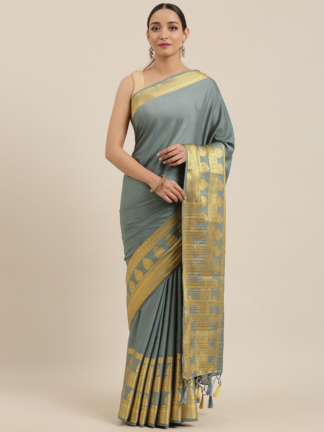 

MIMOSA Grey & Gold-Toned Poly Crepe Solid Kanjeevaram Saree