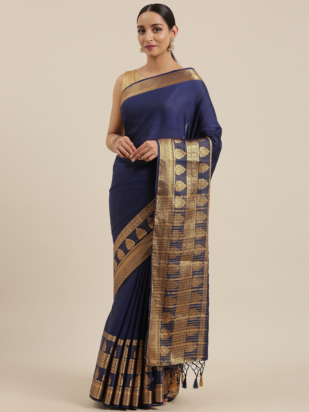 

MIMOSA Navy Blue Poly Crepe Solid Mysore Silk Saree