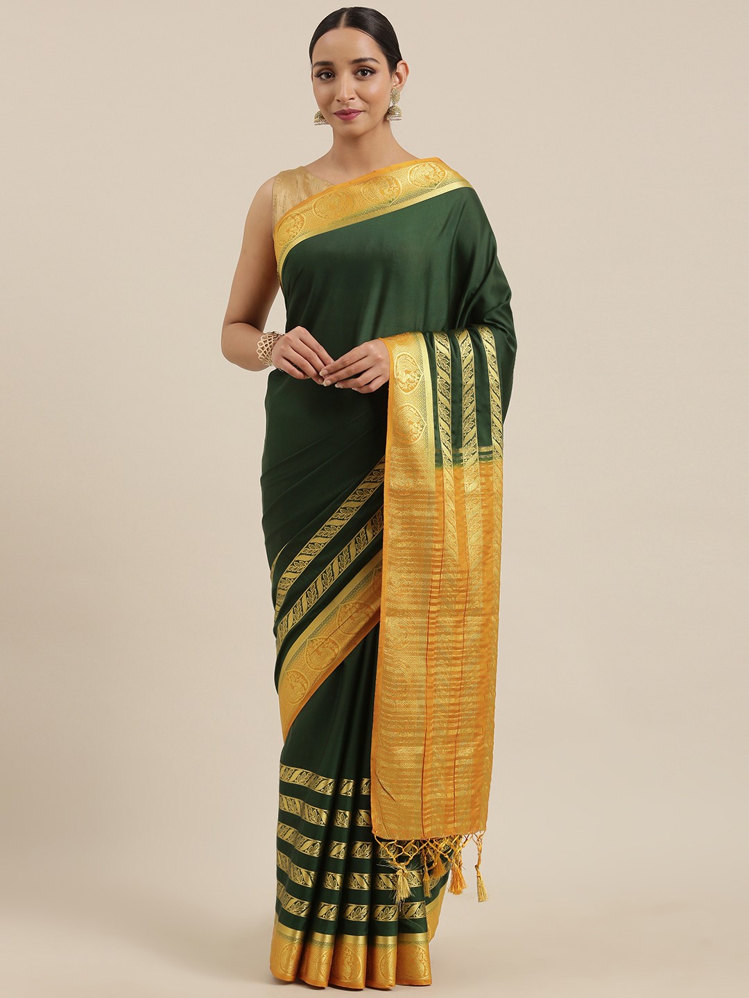 

MIMOSA Green Poly Crepe Solid Mysore Silk Saree