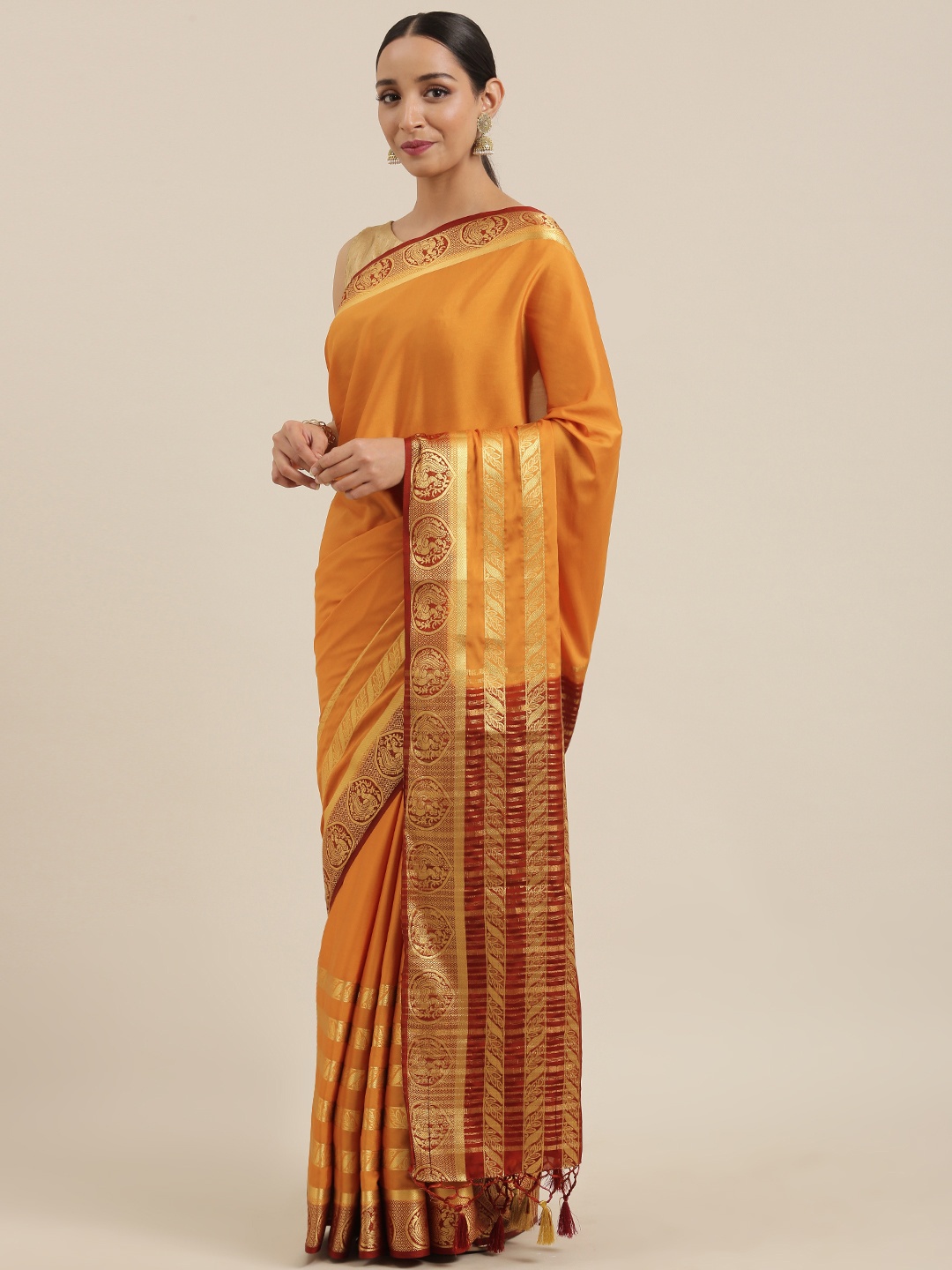 

MIMOSA Mustard Yellow & Maroon Striped Mysore Silk Saree