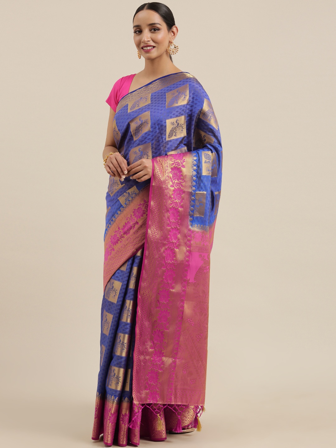 

MIMOSA Blue & Gold-Toned Art Silk Woven Design Kanjeevaram Saree