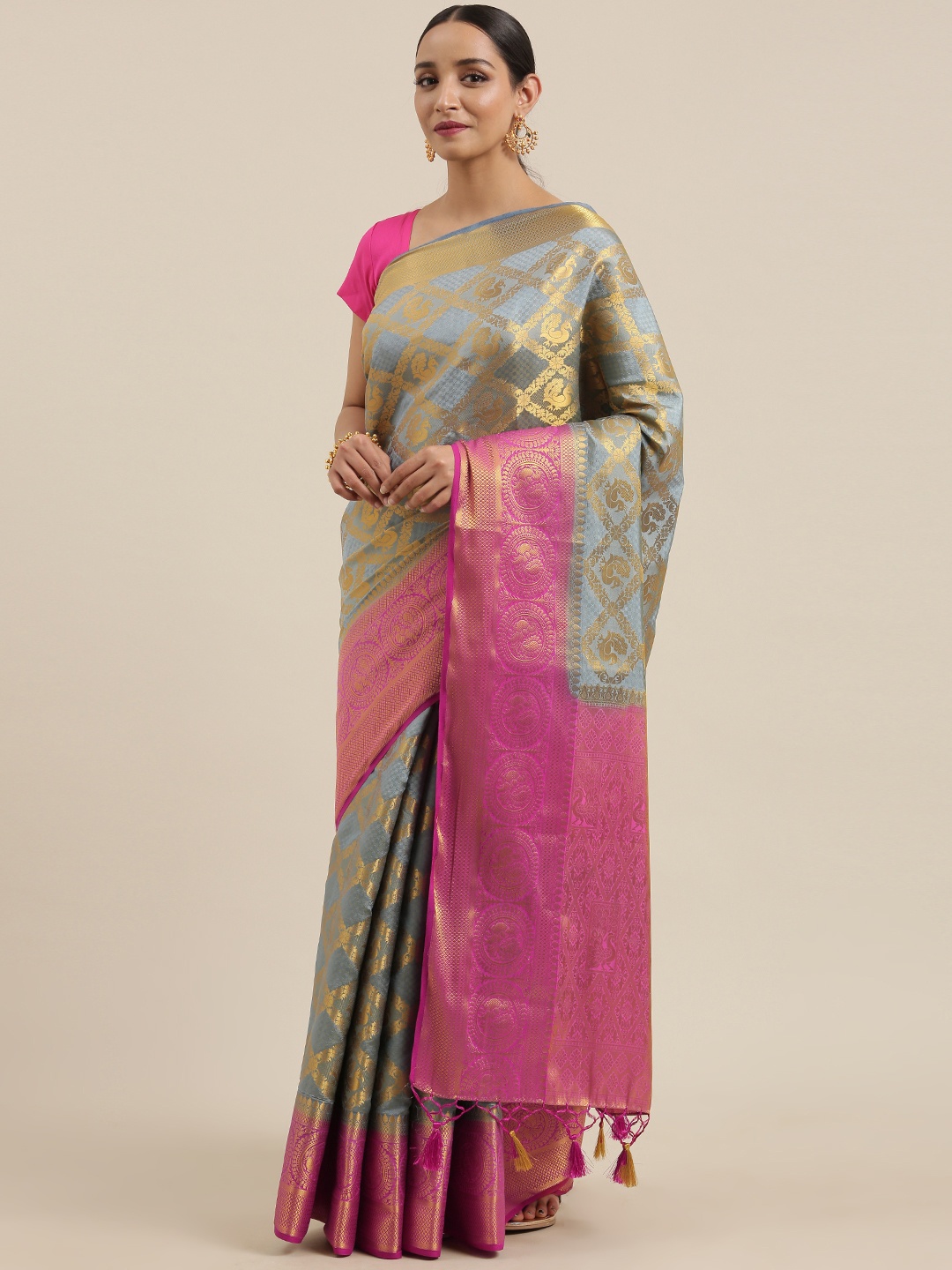 

MIMOSA Grey & Gold-Toned Art Silk Woven Design Kanjeevaram Saree