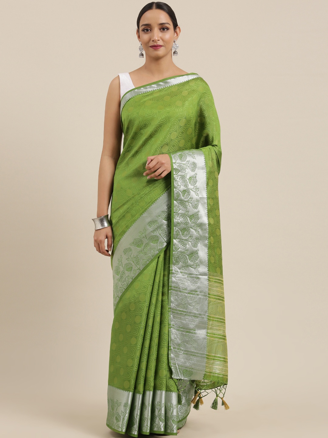 

MIMOSA Olive Green Woven Design Kanjeevaram Saree