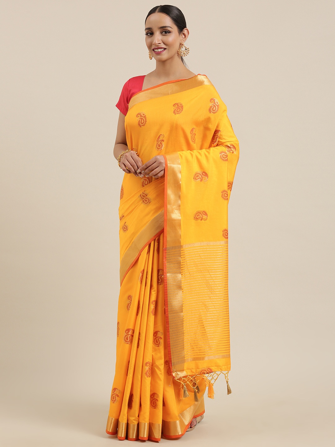 

MIMOSA Yellow & Gold-Toned Art Silk Woven Design Kanjeevaram Saree