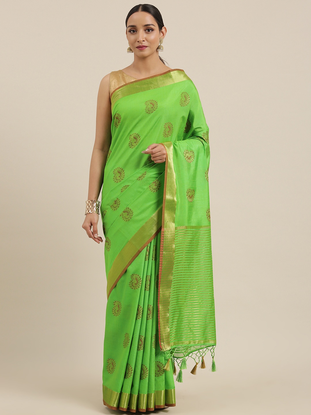 

MIMOSA Lime Green Art Silk Woven Design Kanjeevaram Saree