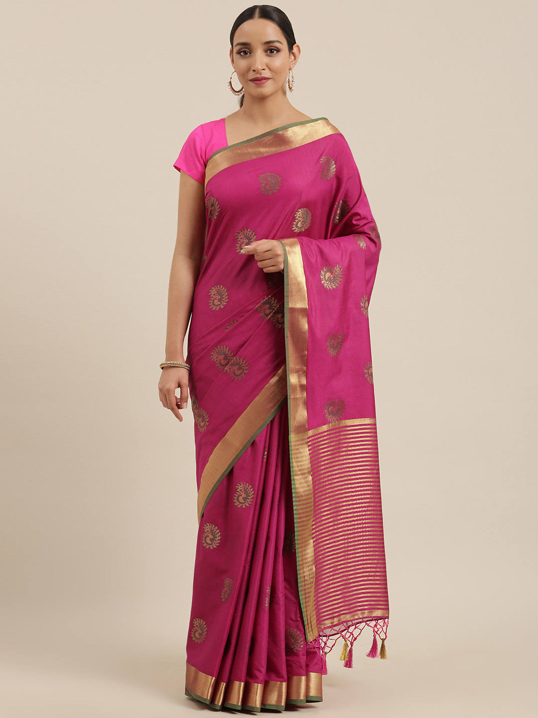 

MIMOSA Pink & Golden Art Silk Woven Design Kanjeevaram Saree