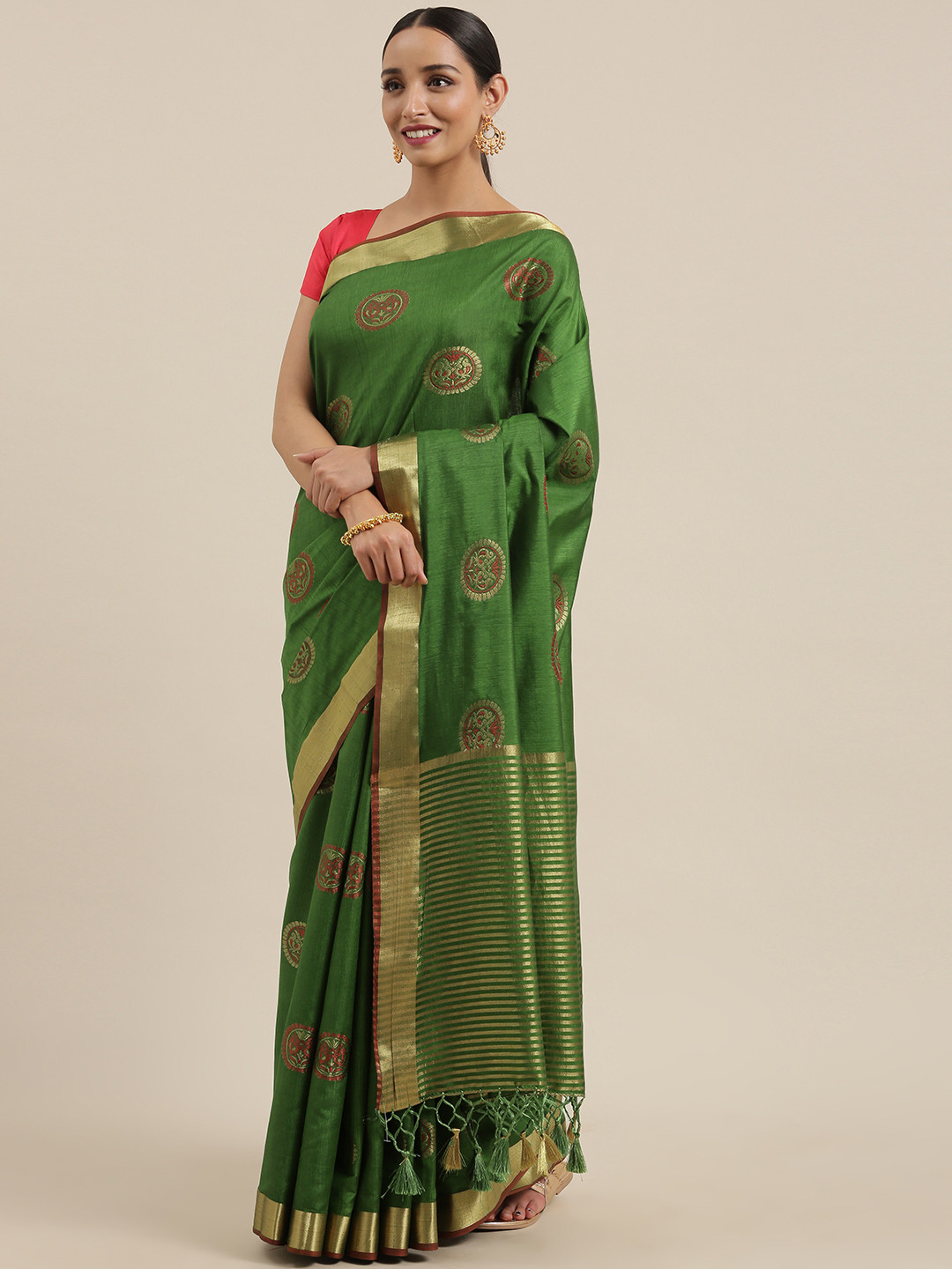 

MIMOSA Olive Green & Maroon Woven Design Kanjeevaram Saree