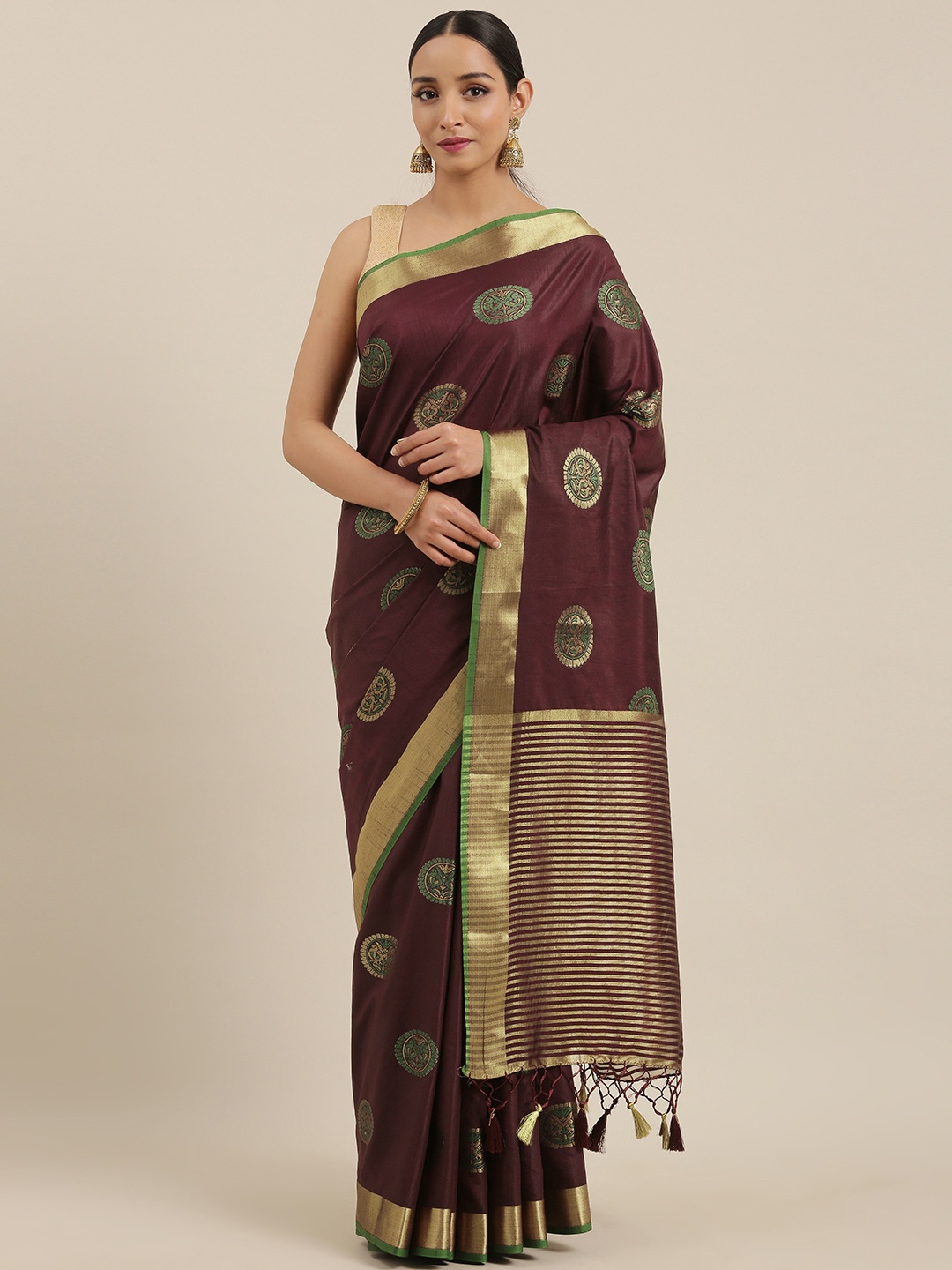

MIMOSA Burgundy & Gold-Toned Art Silk Woven Design Kanjeevaram Saree