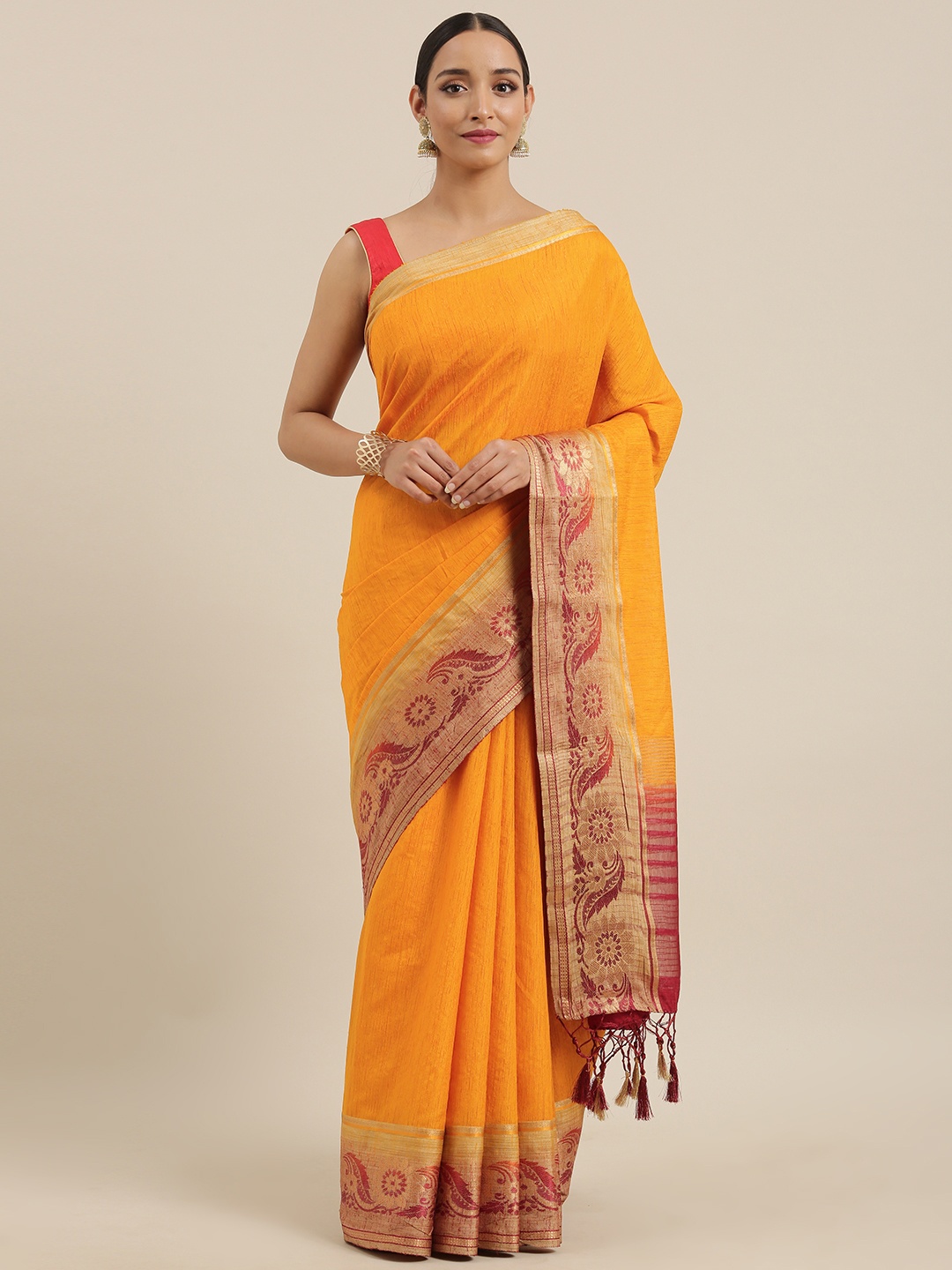 

MIMOSA Mustard Yellow Linen Blend Solid Kanjeevaram Saree