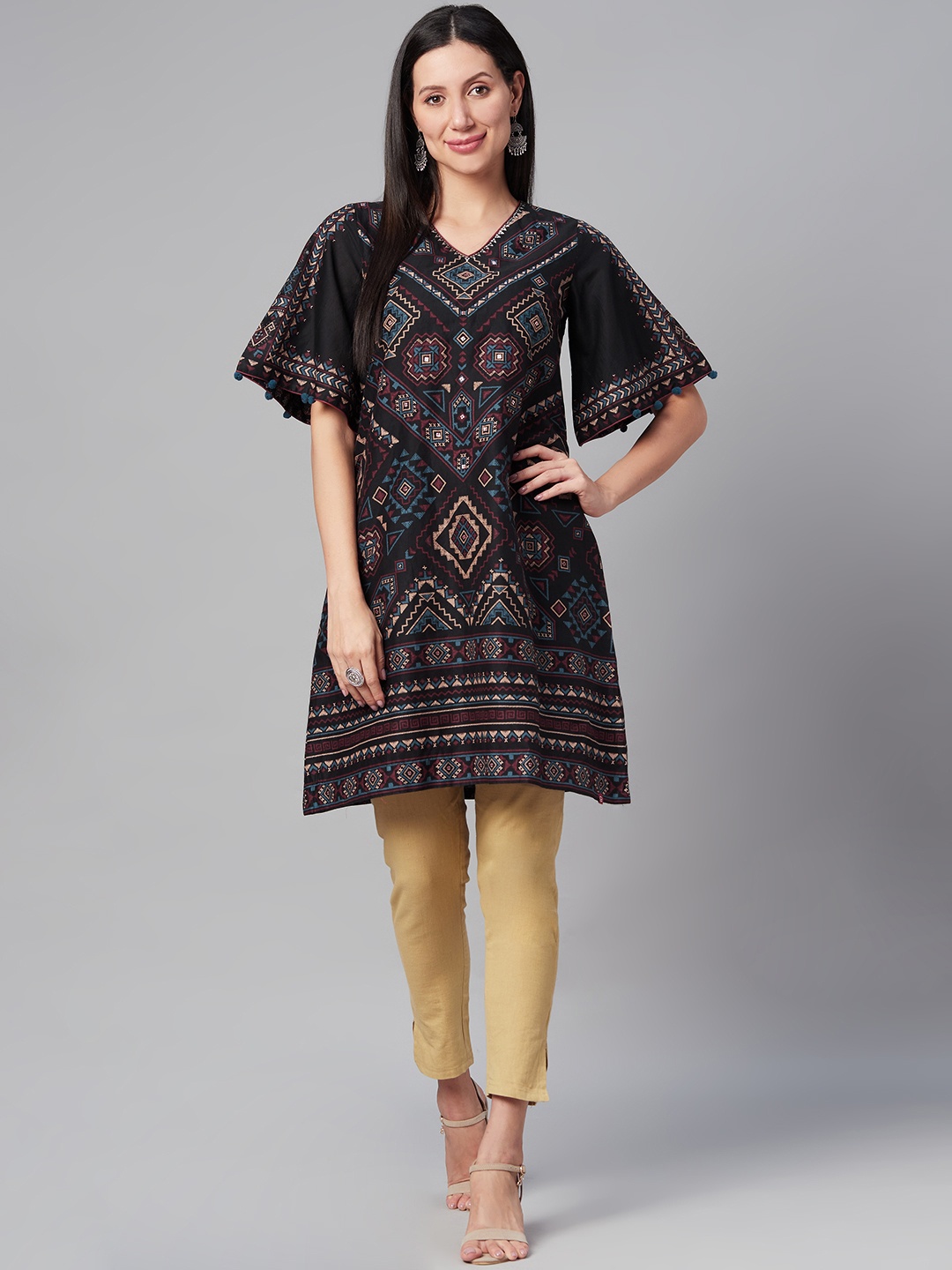 

Biba Women Black & Maroon Ethnic Motifs Printed Bell Sleeves Kurta