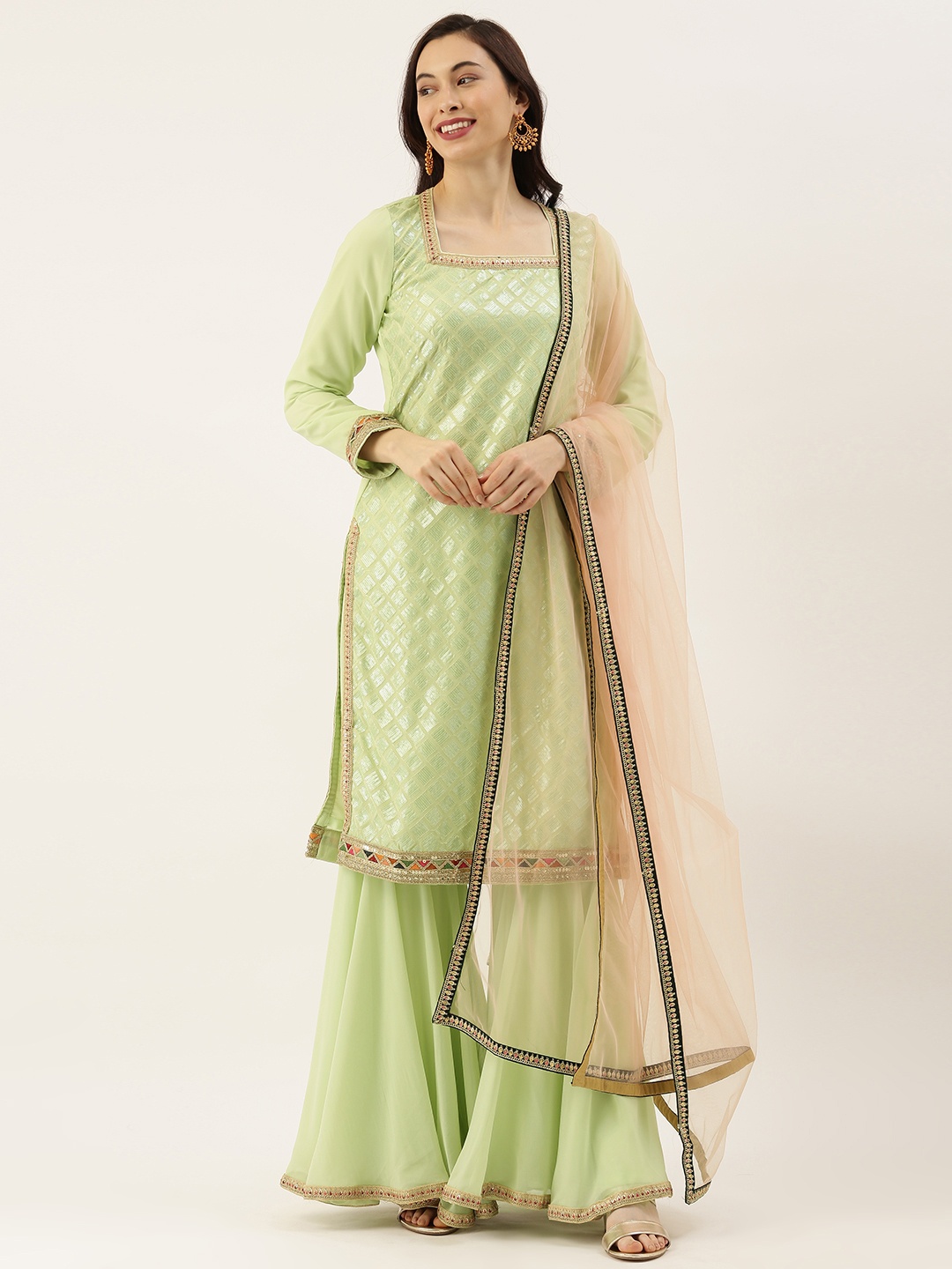 

Ethnovog Women Green Embroidered Made to Measure Kurta with Sharara Dupatta