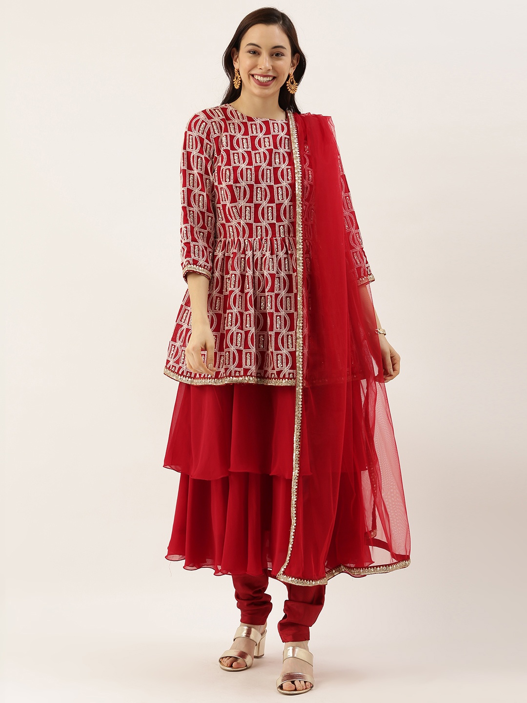 

Ethnovog Women Maroon White Embroidered Made to Measure Kurta with Churidar Dupatta