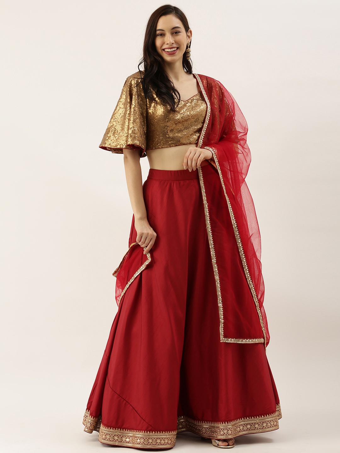 

Ethnovog Maroon Bronze-Toned Embellished Made to Measure Lehenga Blouse with Dupatta