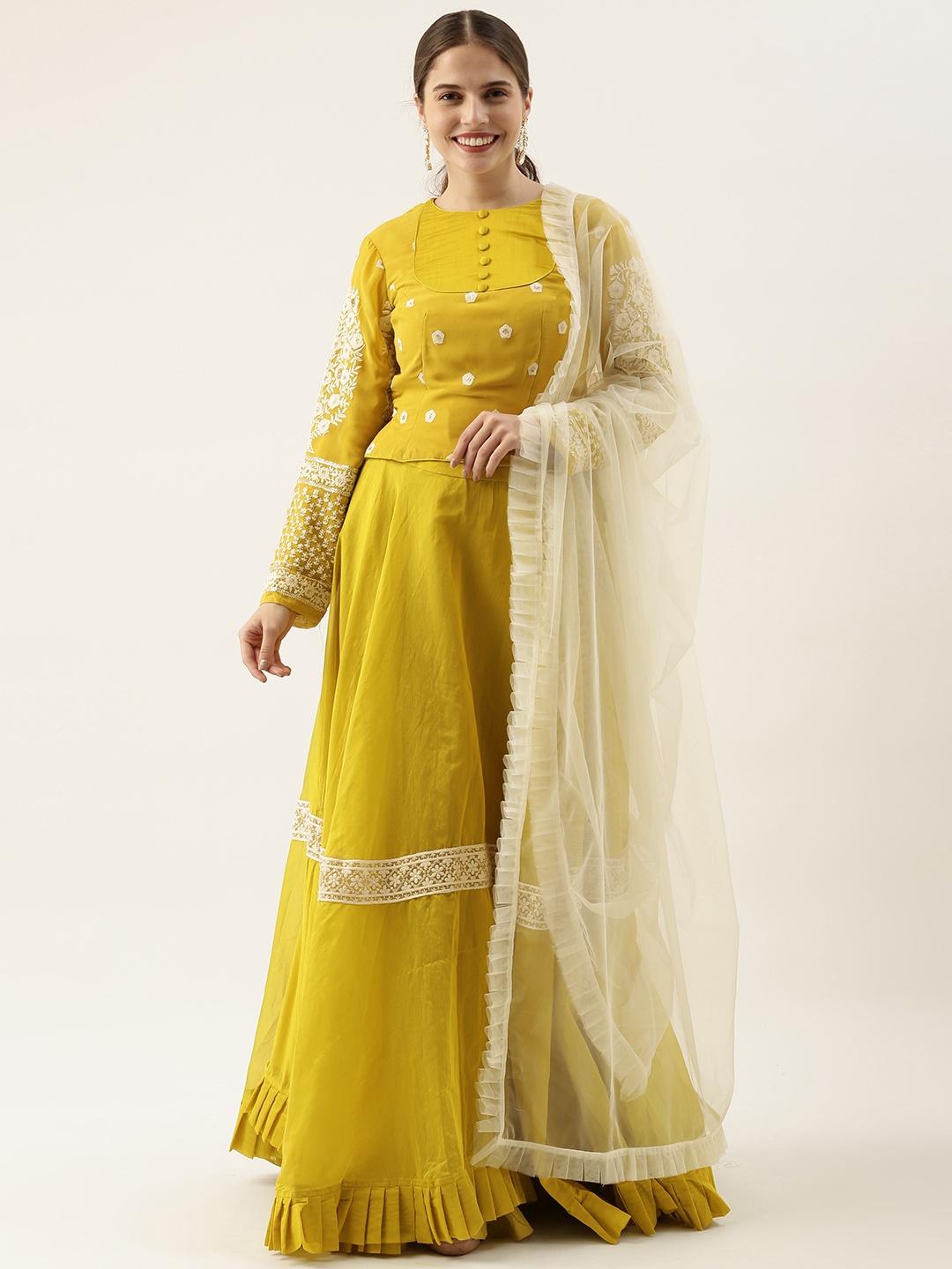 

Ethnovog Mustard Cream-Coloured Embroidered Made to Measure Lehenga Blouse With Dupatta